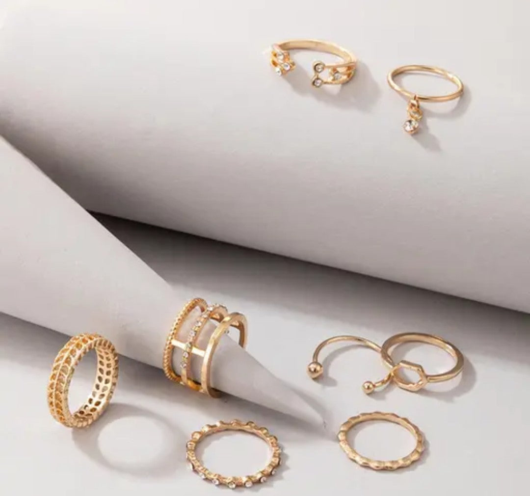 Jewellery For Women Gold Plated Gold-Toned Contemporary Stackable Rings Set of 8
