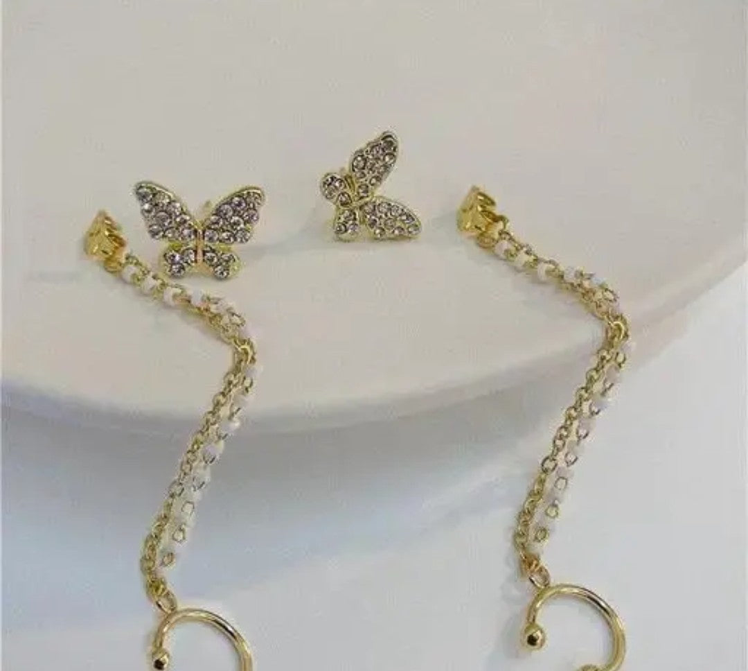 Butterfly Rhinestone Earrings with Cuff-Chain