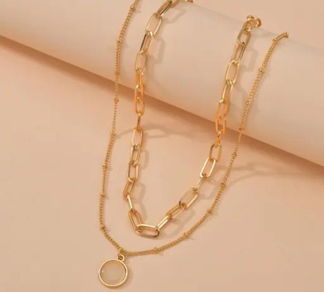 Double Chains Choker Necklace for Women Gold Silver Plated Bohemian Layered Round Moonstone Paperclip Link Chain Pendant Necklace for Birthday Holiday Party Fashion Jewelry Gifts