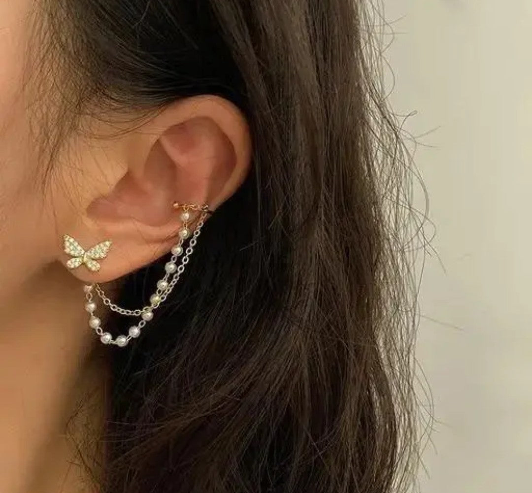 Butterfly Rhinestone Earrings with Cuff-Chain