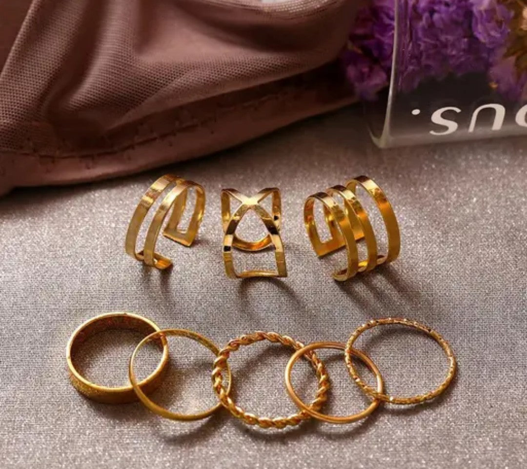 8 Pcs Dailywear Western Designs Ring Set For Women And Girls Alloy Gold Plated Ring Set