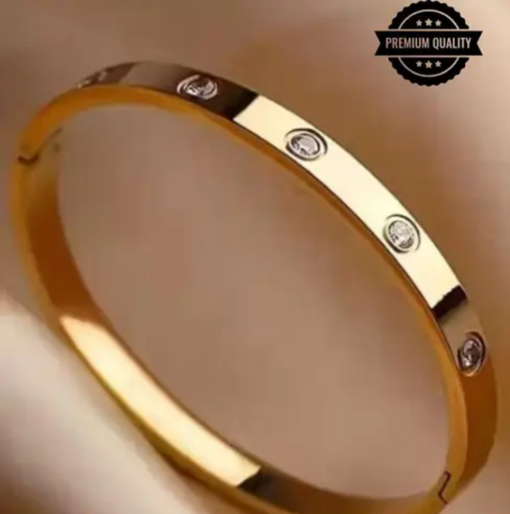 Crystal Love Bangle Bracelet Shining Diva Fashion 18K Gold Plated Stainless Steel Openable Crystal Bracelet | Latest Stylish Cuff Bangle | Love Friendship Couples Gifts for Women Girls Mother Sister Wife Girlfriend | Anti Tarnish Jewellery