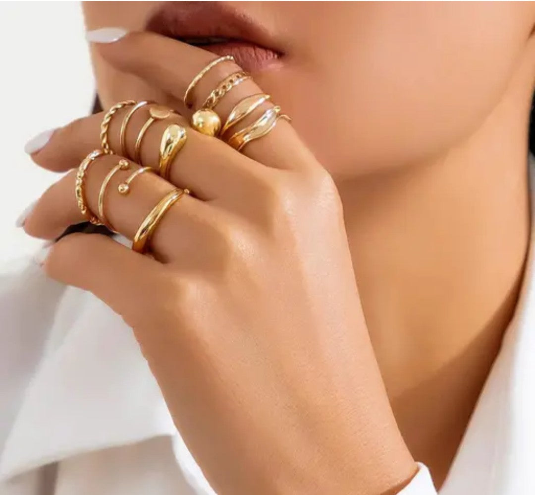 Set Of 10 Gold-Plated Adjustable Midi Finger Rings