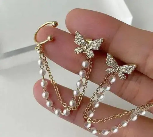 Butterfly Rhinestone Earrings with Cuff-Chain