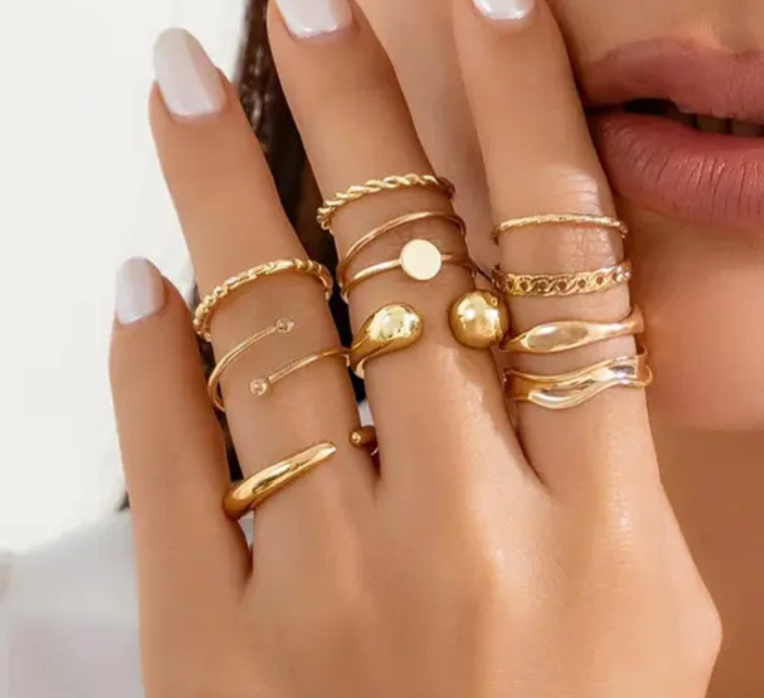 Set Of 10 Gold-Plated Adjustable Midi Finger Rings