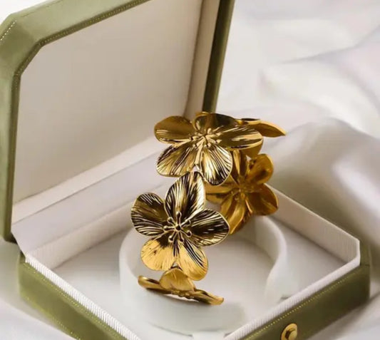 Trendy Adjustable Bracelet | Open Cuff Floral Design | Gold-Finish Chic Jewelry for Women & Girls | Western Golden-blossom Flower Shape Bracelet Shape.