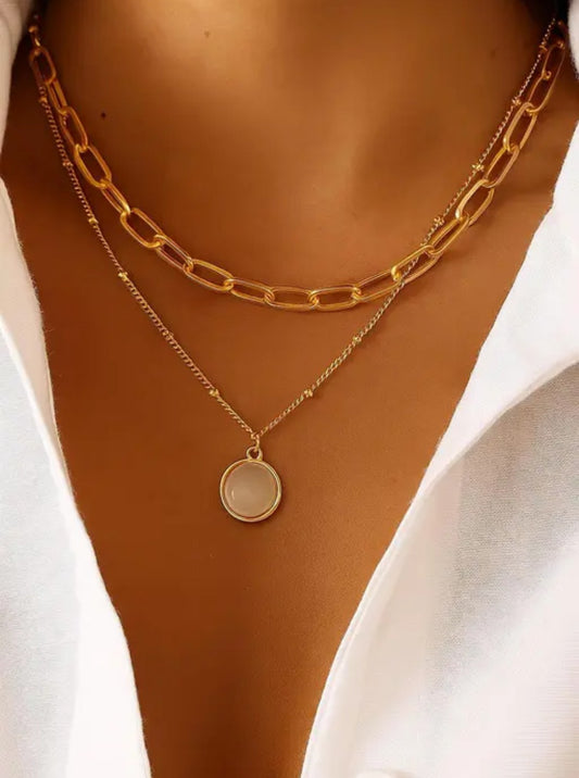 Double Chains Choker Necklace for Women Gold Silver Plated Bohemian Layered Round Moonstone Paperclip Link Chain Pendant Necklace for Birthday Holiday Party Fashion Jewelry Gifts