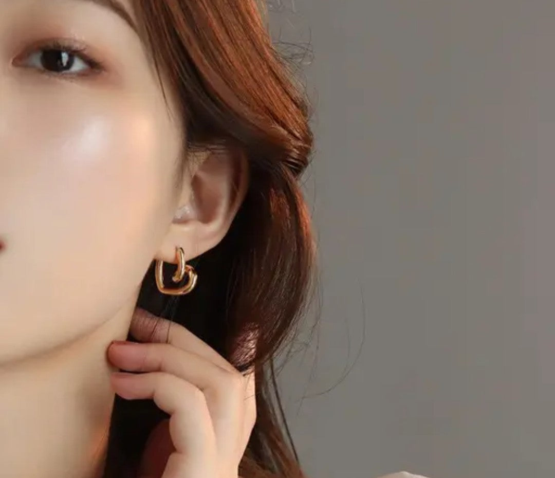 Korean Fashion Asymmetrical Earrings Set Geometric Star Lock Love Drop Earrings-Gold